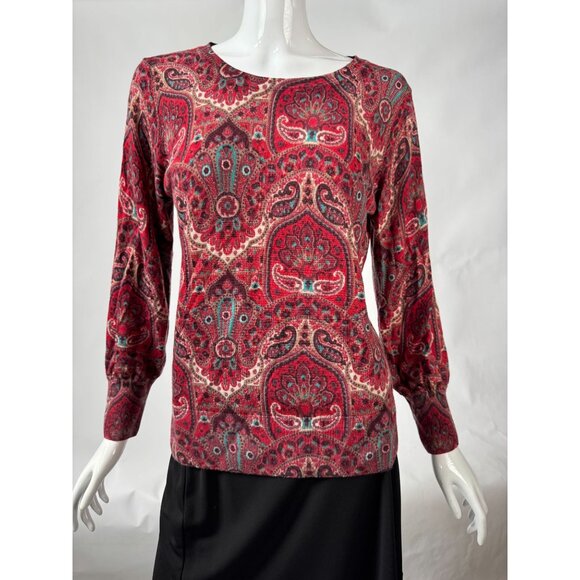 Talbots Womens L Red Multicolor Paisley Print Merino Wool Sweater Made In China - Picture 1 of 16